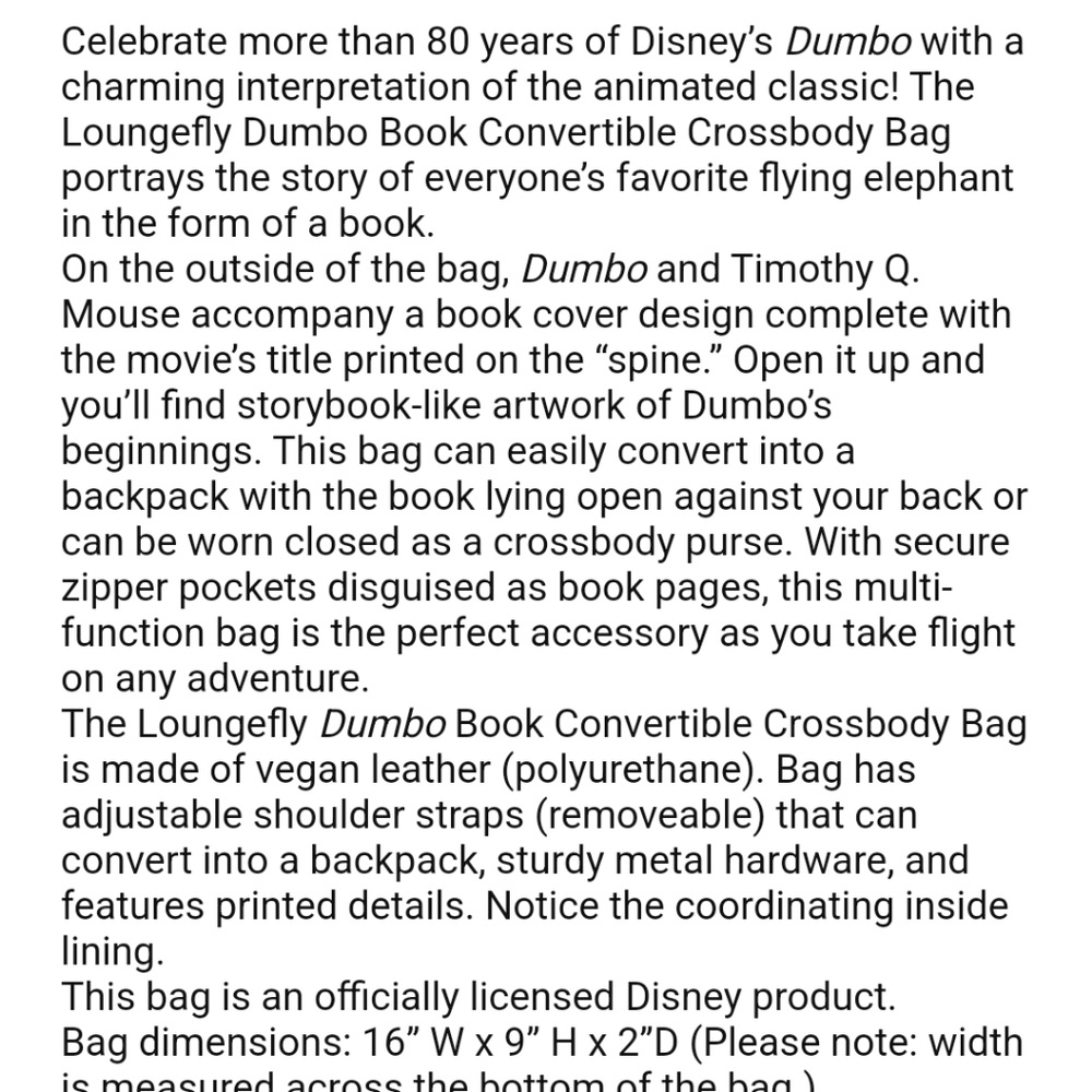 Loungefly Disney Dumbo Storybook Convertible Backpack & Crossbody Bag - Picture 5 of 5